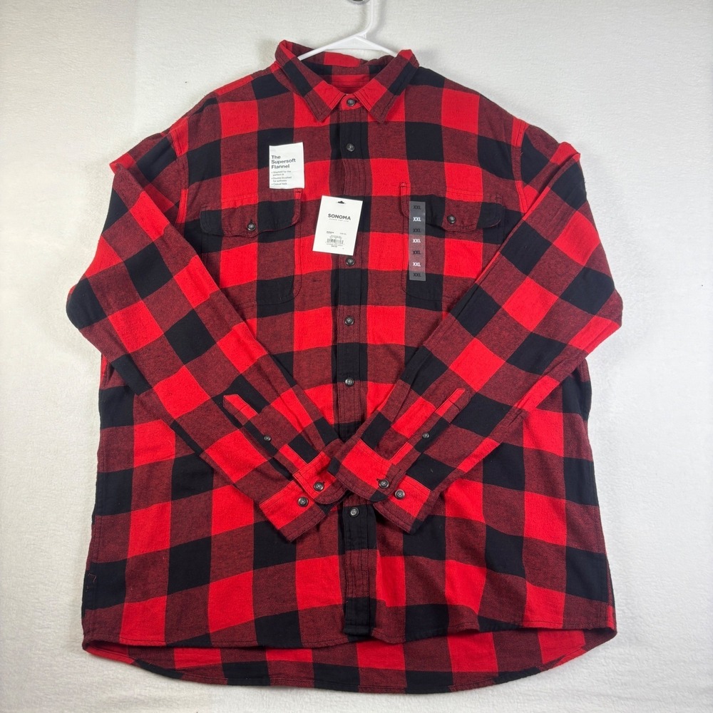 Sonoma Goods For Life Mens XXL Red Black Buffalo Plaid Supersoft Flannel Shirt